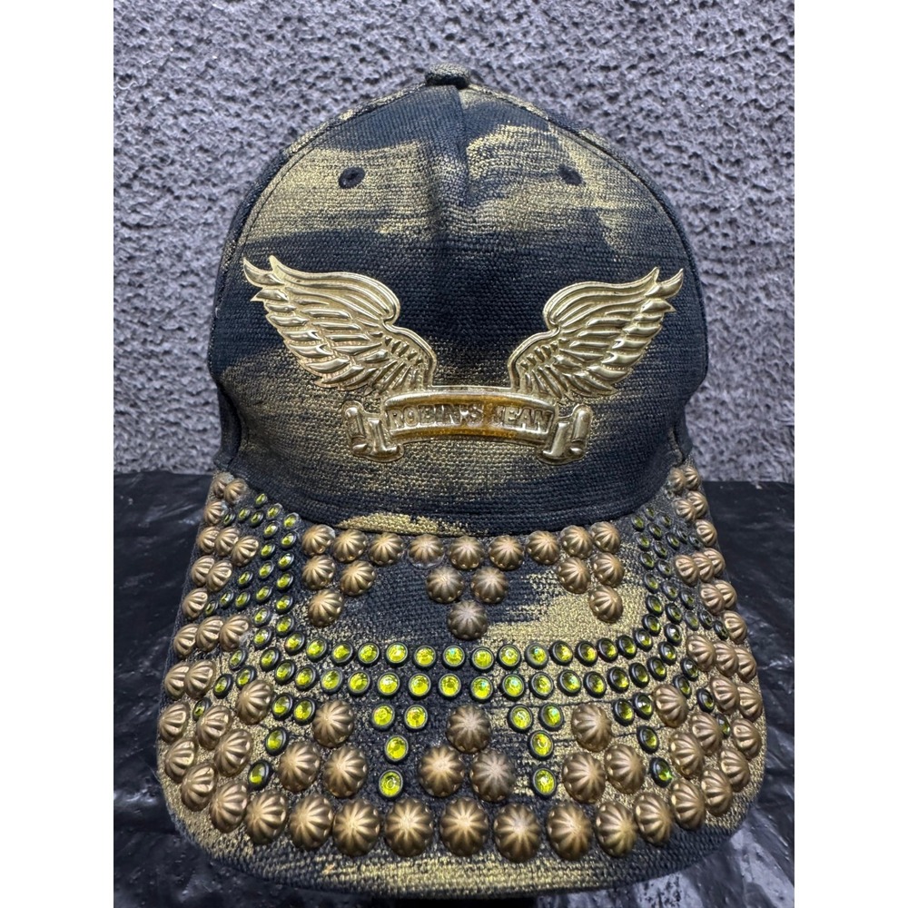 Robin's Jean Studded Metallic Gold Wing Logo Snapback Hat Black Mens One Size